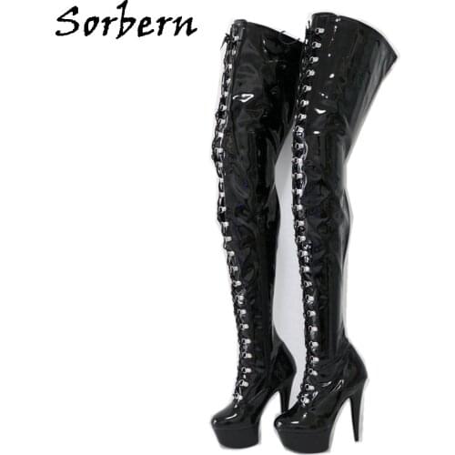 Sorbern 15Cm Platform Crotch Thigh Boots Over The Knee Laceup Zip Black Patent Custom Wide Fit Long Boots Slim Fit Shoes