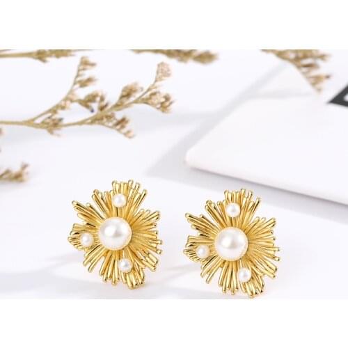 Gold Pearl Geometric Earrings For Women Stainless Steel Delicate Round Crystal Sliver Color Big Flower Earrings Jewelry Gift