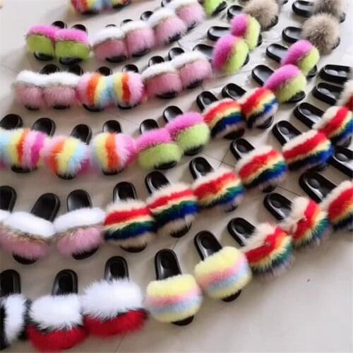 Womens Real Fox Fur Slides Girls Fluffy Fur Slippers Female Luxury Fur Flip Flops Ladies Furry Flat Sandals Large Size 35-45