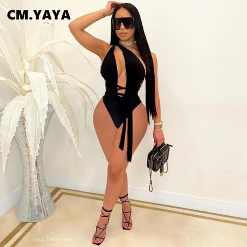 CM.YAYA Women Bikinis Set Solid Bandage Hollow Out One Shoulder Elastic Bodysuit Sexy Summer Beachwear One Piece Set Swimsuits