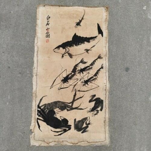 Old Chinese Scroll painting Hand Painted "Qi Baishi fish shrim shrimp" Slice