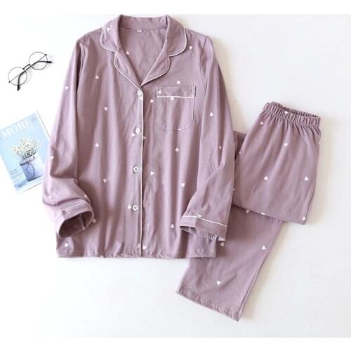 Knitted Cotton Pyjamas Ladies Long Sleeve+Long Pants Pajamas Set Autumn Casual Turn-down Collar Home Wear Loose Sleepwear Suit
