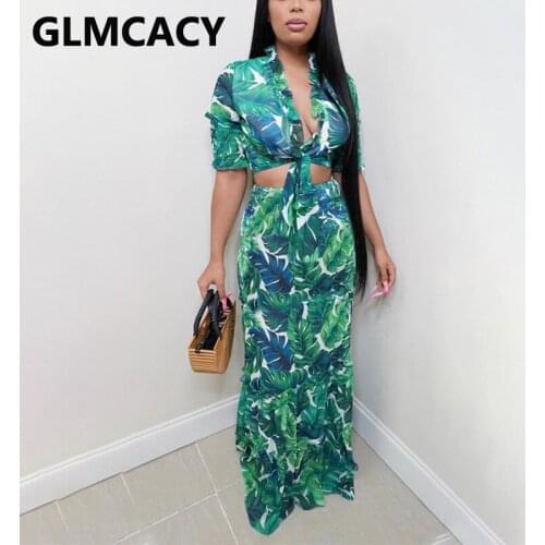 Tropical Printed Two Piece Summer Dress Suits Tie Front Crop Top & Maxi Skirt Set