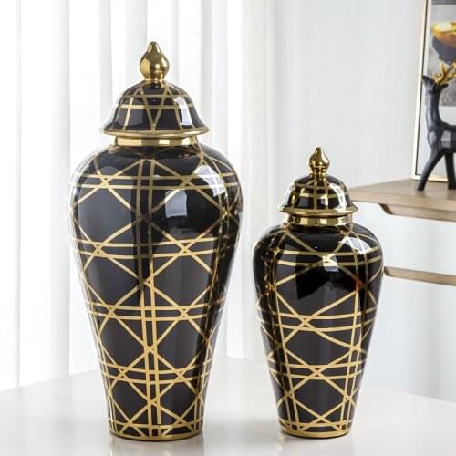 European Style Vase Decoration Ginger Jar large black glazed porcelain chinese jars with lid big