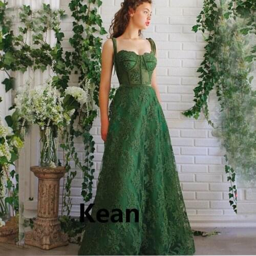 Green Spaghetti Straps Vestidos De Festa Appliques Illusion A-Line Vintage Prom Dress Formal Evening Dress Prom Gown
