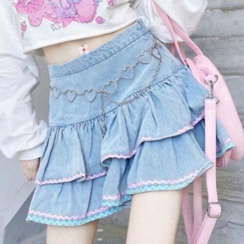 Doll For Women Lolita Style Mini Skirts Harajuku Cute Preppy Style Jk Denim Skirt Japanese Girls Sexy High Waist Tiered Skirt