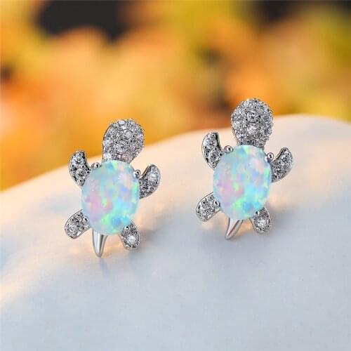 White Fire Opal Oval Stone Earrings Female Cute Small Turtle Stud Earrings Dainty Silver Color Animal Earrings For Women Wedding