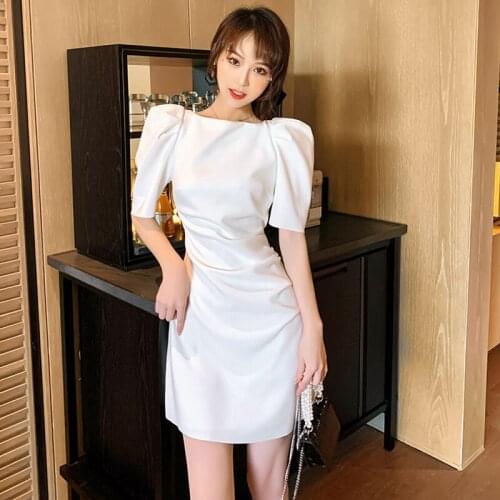 Korean Style Vintage Puff Sleeve O-Neck Mini Party Club Dress Ladies Elegant Coffee Break Casual Folds Female White Short Dress