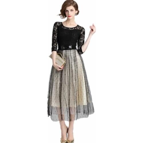 2021 New Fashion Spring Runway Black Patchwork Lace Dress Womens Gauze Dot Dresses Vestidos