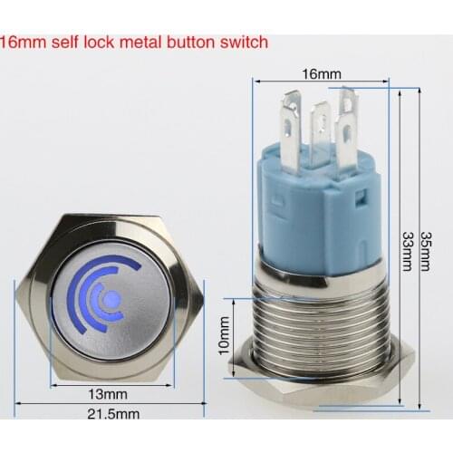 16 mm metal button switch self-locking button switch Red, yellow, blue, green, white. voltage 6v 12v 24v 120v 220v