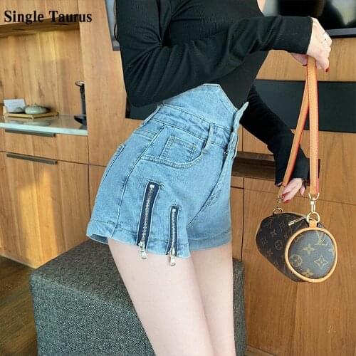 2021 Ins Fashion Female Summer Jeans Shorts Korean Casual Zipper Slit Decoration High Waist Slim Denim Blue Hot Pants for Women