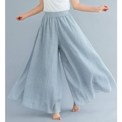 2021 Solid Chinese Style Wide Leg Skirt Pants Capris High Waist Ankle Length Pants Cotton Linen Plain Plus Size Trousers 30943