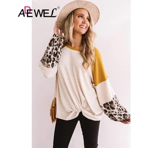 ADEWEL 2020 Leopard Long Sleeve Waffle Knit White Tshirt Women Ropa De Mujer Plus Size Round Neck Tops Clothes Camisetas 2XL
