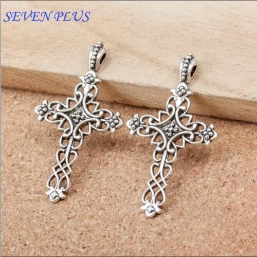 High Quality 10 Pieces/Lot 20mm*38mm Anique Silver Plated Hollow Out Cross Charms For Jewelry Making