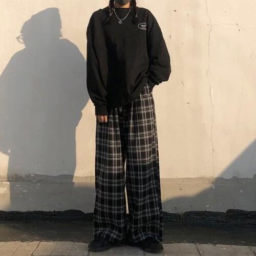 Plaid pants women spring and autumn Korean Retro Black Pants loose high waist casual pants straight wide leg pants pants