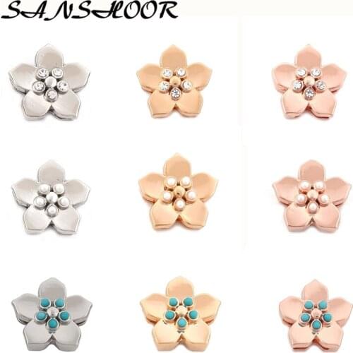 SANSHOOR Rhinestone Pearl Flower Keeper Charms Fit Keys Chain Leather Wrap Bracelets Pendant Necklace Women Gifts 9Pcs