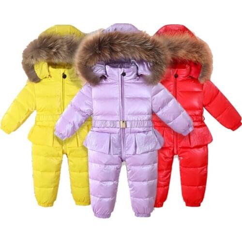 Childrens bodysuit down jacket cold proof ski suit thickened winter white duck down colorful fabric girls outwear - 30 degree