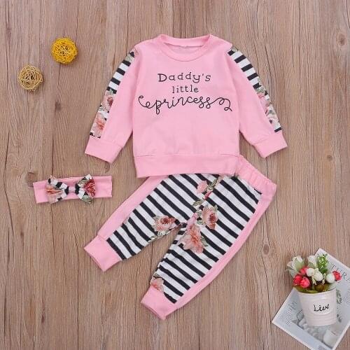 Baby Fall Shirt Pants Suit Flower Printed Round Neck Long Sleeve Top Girl Sports Running Jogger Trousers Bow Headband