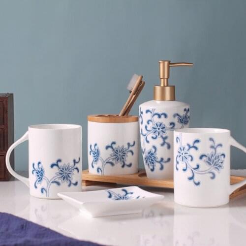 Bathroom Accessories Ceramic Soap Dispenser Gargle Cups Toothbrush Holder Soap Dish With Tray Wash Suit Bottle Wedding Gifts Set