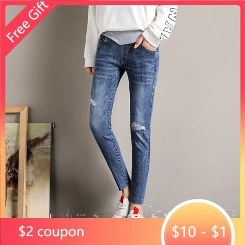 Retro Denim Hole Jeans Maternity Pants For Pregnant Women Casual High Waist Stretch Pregnancy Jeans Trousers Maternity Clothing