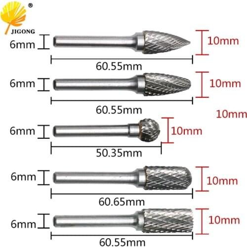 JIGONG 5pcs/Set CNC Tool Grinders Accessories Tungsten Carbide Rotary File Woodworking Milling Cutter Polishing Head 6x10mm