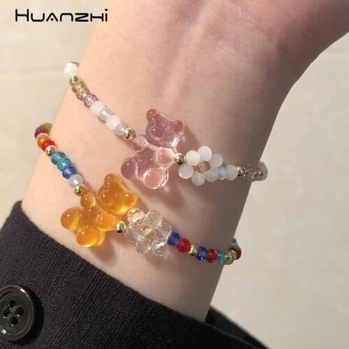 HZ 2021 New Korean Cute Colorful Beads Resin Acrylic Flowers transparent Bear Beaded Bracelet for Women Gifts Jewelry