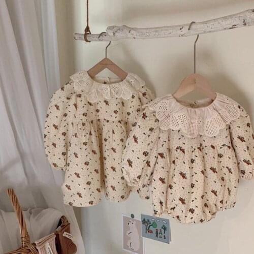 Korean Toddler Girl Dress Baby Floral Rompers Big Sister and Little Sister Matching Sets Baby Girls Long Sleeve Romper Jumpsuit