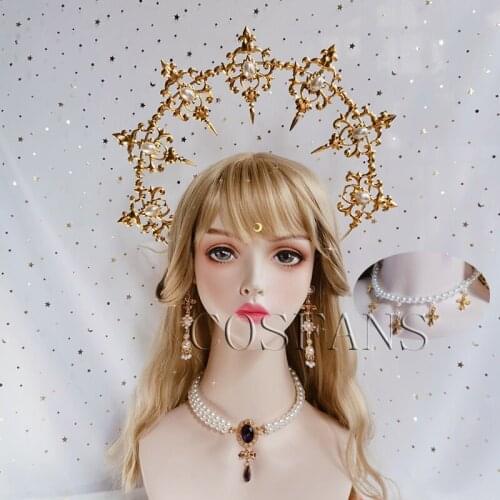 Sun Godmothers Crown KC Gothic Notre Dame Virgin Mary Bead Chain Baroque Tiara Headwear Lolita Hair Accessories necklace