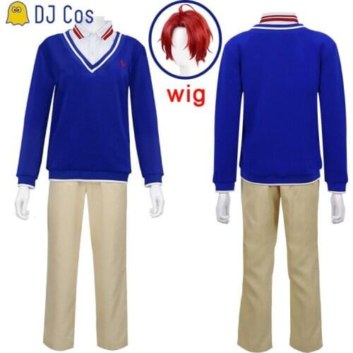 Japanese Anime Wonder Egg Priority Momoe Sawaki Cosplay Costume Short Red Wig Blue Shirt Coat Pants Uniform Set Party Men Outfit