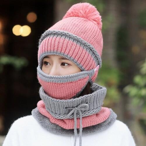 Buy hat gift collar New Fashion thick warm knitted hat autumn winter unisex solid color wool plus velvet comfortable outdoor cap