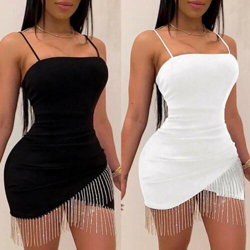 Summer Sexy Woman Sleeveless Tassel Split Bodycon Dress Elegant Women Mini Pencil Dresses Suspender Short Party Night Birthday