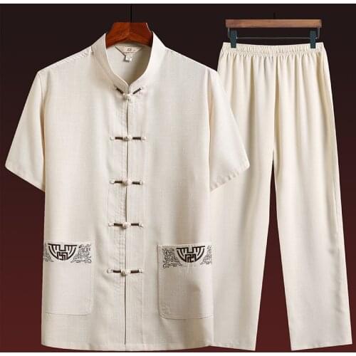 Embroidery Chinese Traditional Mens Cotton Linen Wu Shu Clothing Short Sleeve Shirt & Long Pant Kung Fu Tai Chi Suit Hanfu