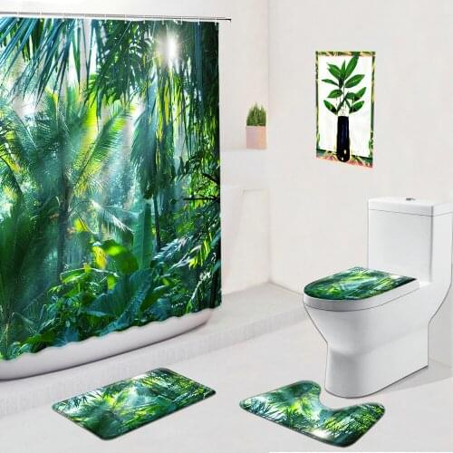 Tropical Jungle Scenery Bathroom Set Shower Curtain Spring Landscape Plant Flannel Non-Slip Rug Bath Mats Toilet Cover Cushion