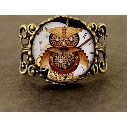 2017 New Steampunk Owl Gears Ring Vintage Steam Punk Jewelry Old Clock Glass Cabochon