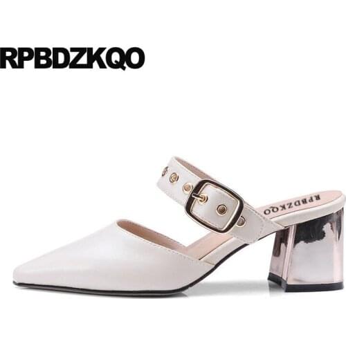 Thick big size women pumps 2019 metal beige genuine leather plus ladies pointed toe shoes high heels 33 mary jane mules slipper