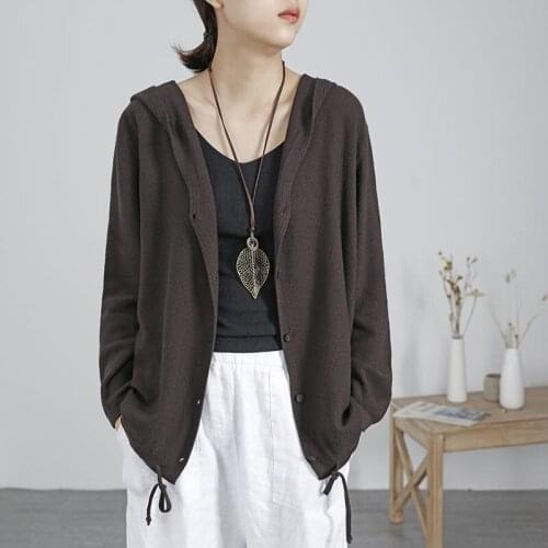 Leisure Spring Summer Clothes New Cotton Knit Sweater Hooded Cardigan Loose Solid Color Base Sweater Womens Shirt Knitwear R225