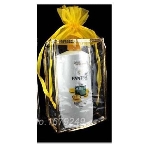 Wholesale 14*22*8cm Golden Colour clear pvc cosmetic bag,Emulsion Shampoo packing bag gift bag .200piece\lotDHL free shipping