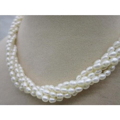 CLASSIC 18inch 3-4mm south sea white 5 stand pearl necklace 925silver clasp