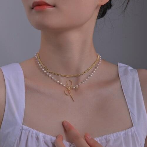 Trendy Multilayered Butterfly Pearl Necklace For Women Fashion Five-pointed Star Stainless Steel Choker Necklaces Jewelry Gift