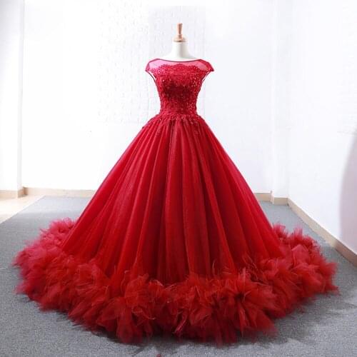 Vestidos De Noiva Princesa New Arrive Beading Crystal Appliques Flowers Skirt Red Princess Ball Gown Wedding Dresses