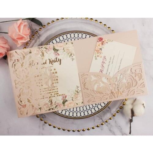 1pcs Wedding Invitation Cards Gray Gold Burgundy Blush Square Flower Tri fold Square Customized Laser Cut invite free shipping