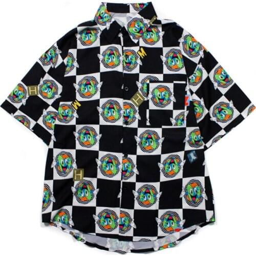 Summer Shirt Women Vintage Style Loose Short Sleeve Square Collar Blouse Cartoon Pattern Print Harajuku Man Shirt Large Size