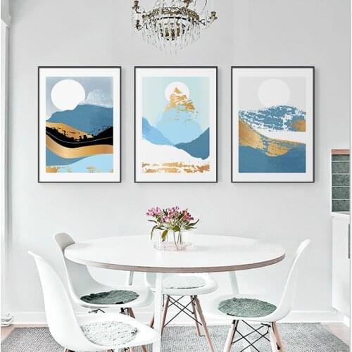 Blue and Gold Abstract Landscape Mountain Sun Wall Art Canvas Painting Poster Print Nordic Modern Living Room Home Decor Picture