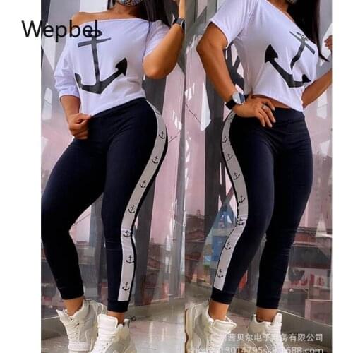 Wepbel High Waist Pants Sets Tracksuit Boat Anchor Women Sets Short-Sleeved Top and Trousers Suit Short Sleeve Tops Tshirts