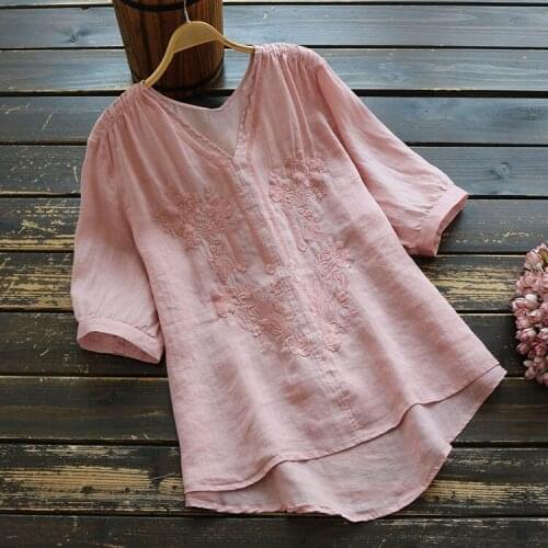 2020 Vintage Summer Tops Womens Embroidery Blouse Solid Tunic Casual Short Sleeve Shirts Women V-neck Pullover Shirt