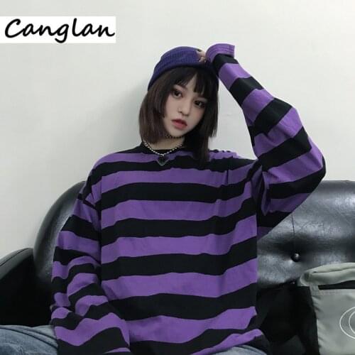 Spring Long Sleeve Purple Striped T Shirt for Women Ladies Harajuku Ulzzang Tshirt Korean Style Loose Tee Tops Kawaii Clothes