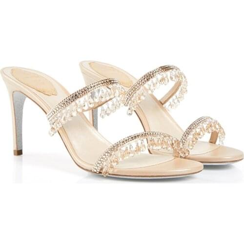 2021 New Summer Crystal Pendant Sandals Women Stiletto High Heels Slippers Open Toe Sandalias Female Party Wedding Shoes Women