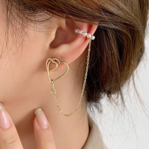 VSnow Unique Design Hollow Love Heart Metallic Clip Earring for Women Girls Long Tassel Beaded Simulation Pearl Earring Jewelry