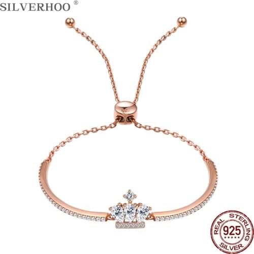 SILVERHOO Sterling Silver 925 Bracelet Bangle For Women Adjustable Rose Gold Crown Chain Bracelet New Arrival Fine Jewelry Gift