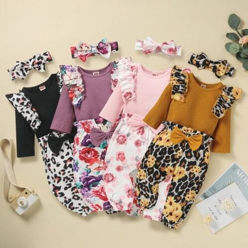 0-18M Baby Girls 3Pcs Fall Outfits Long Sleeve Ruffle Romper + Bow Pants + Headband Set